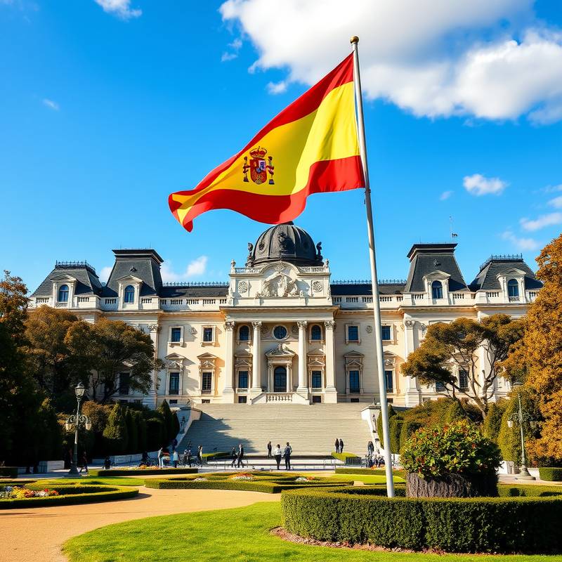 El Palacio Real de Madrid con la bandera española ondeando.