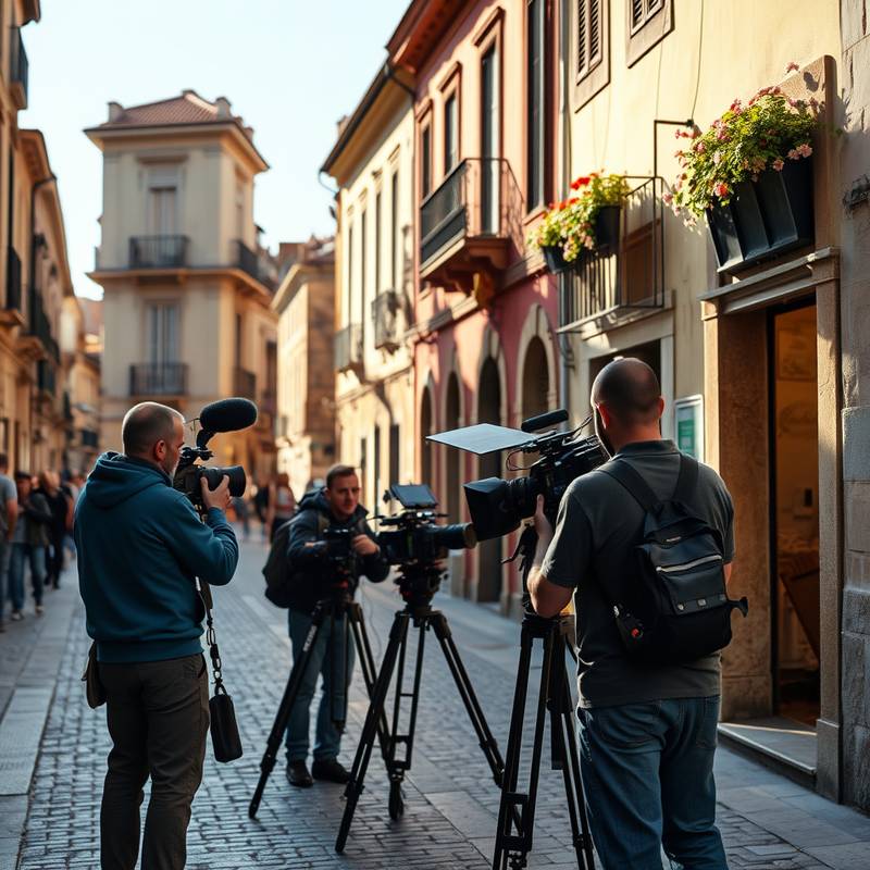 Equipo de filmación trabajando en una calle pintoresca de España.