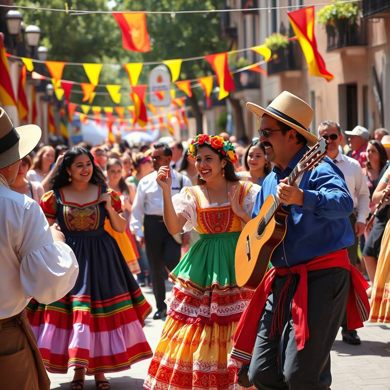 Gente celebrando un festival tradicional español con música y bailes.