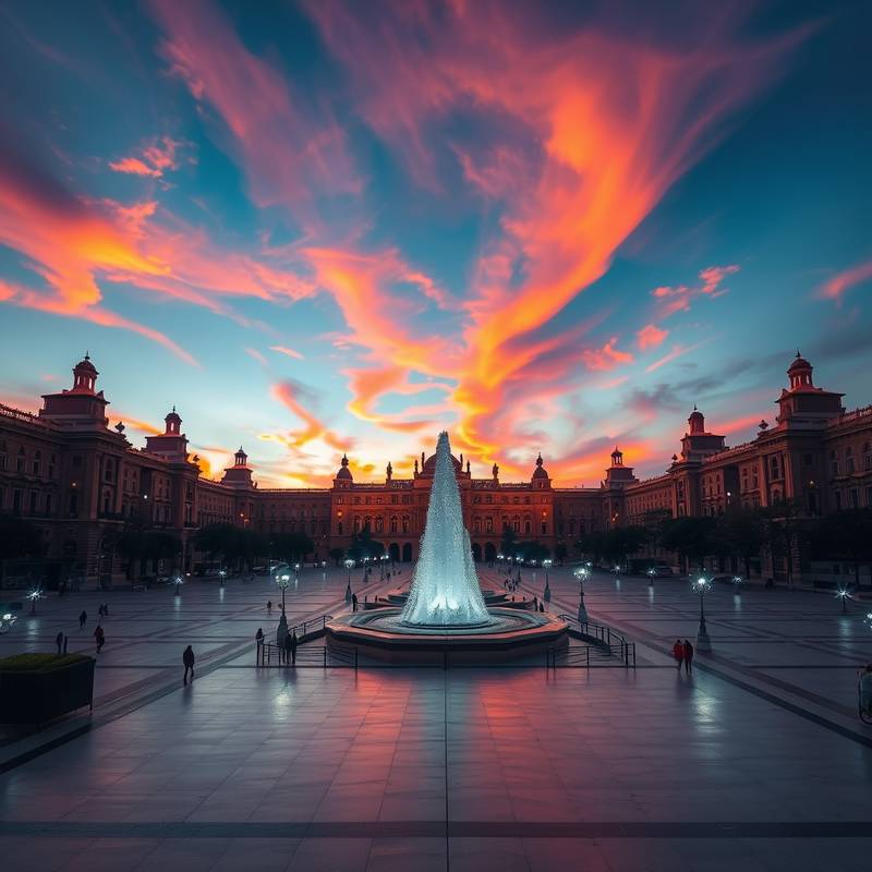 La Plaza de España en Sevilla iluminada al atardecer.