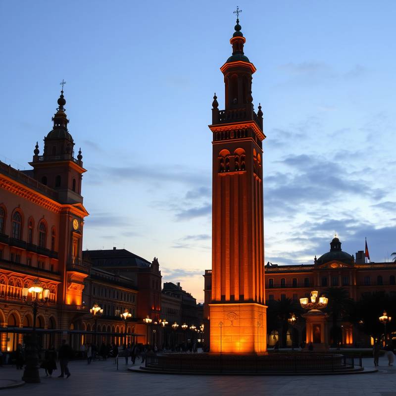 La Plaza de España en Sevilla, un emblemático lugar iluminado al atardecer.