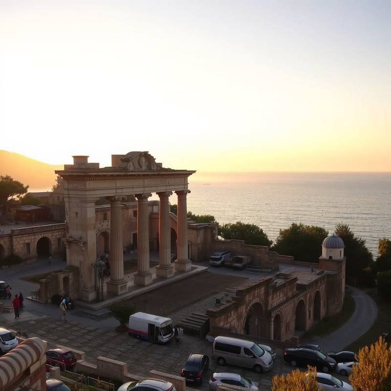 Las ruinas del anfiteatro romano en Tarragona, con el mar Mediterráneo de fondo.