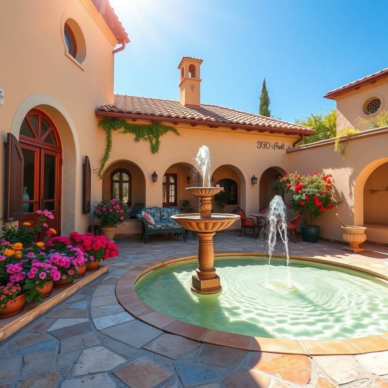 Patio andaluz decorado con flores y una fuente.