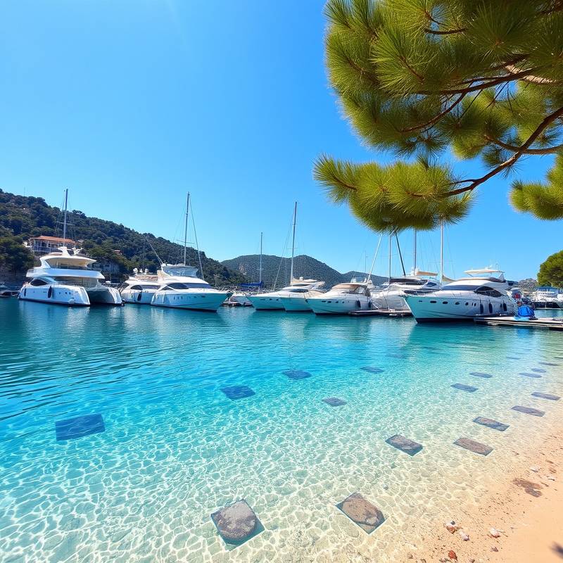 Playa de aguas cristalinas en Mallorca con yates atracados.