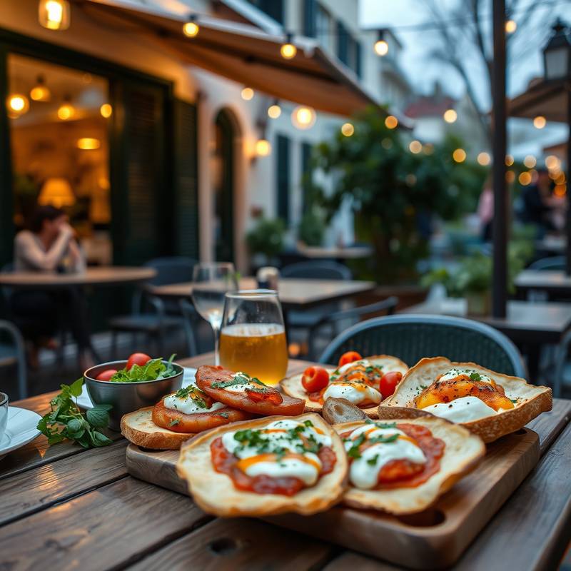 Variedad de tapas españolas servidas en una mesa al aire libre.